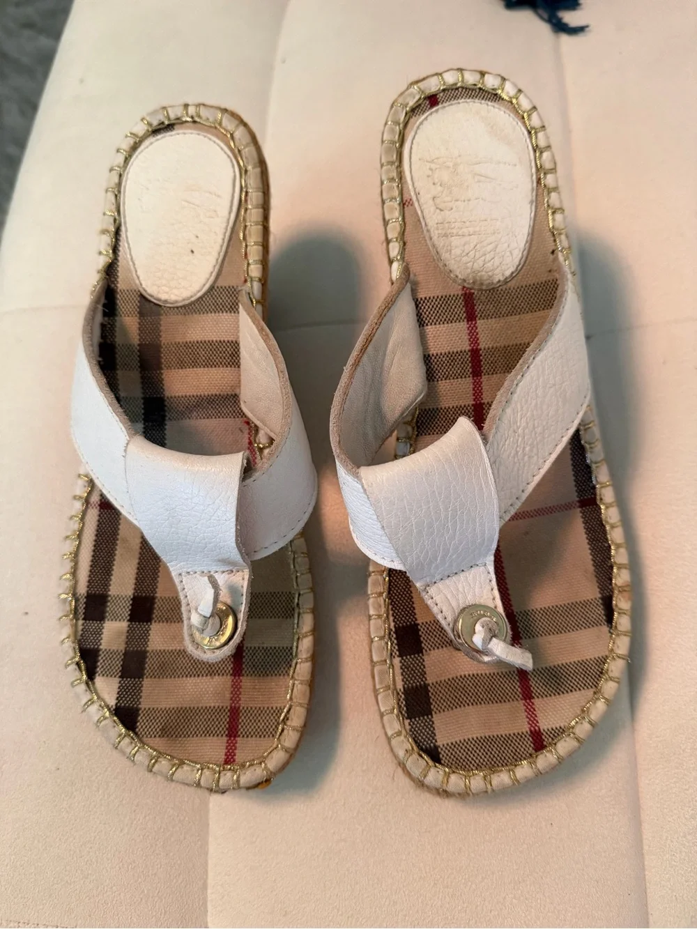 Burberry White Plaid-Insole Wedge Sandals with Leather Thong Strap